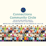 pale yellow background with Connections circle logo at the top. Text below it saying connections community circle. An informal group for individuals who live with a disabling condition to socialize, create crafts, and discuss any topics they choose. Connections community circle group will meet the last wednesday of the month from 1:00 pm until 2:00 pm in person at the greeley office