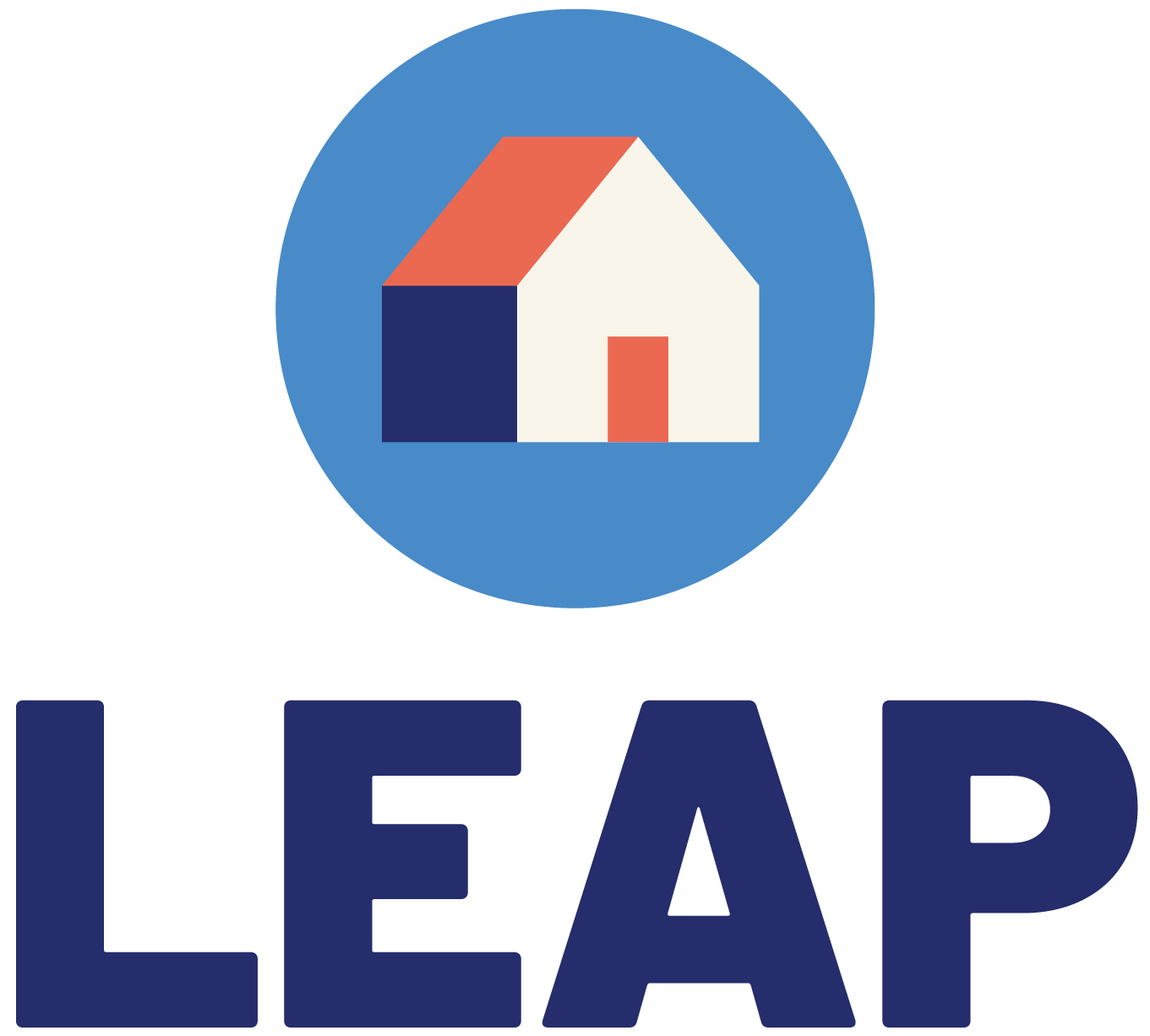 LEAP Logo. Blue Circle with a house inside of it with the word LEAP below it